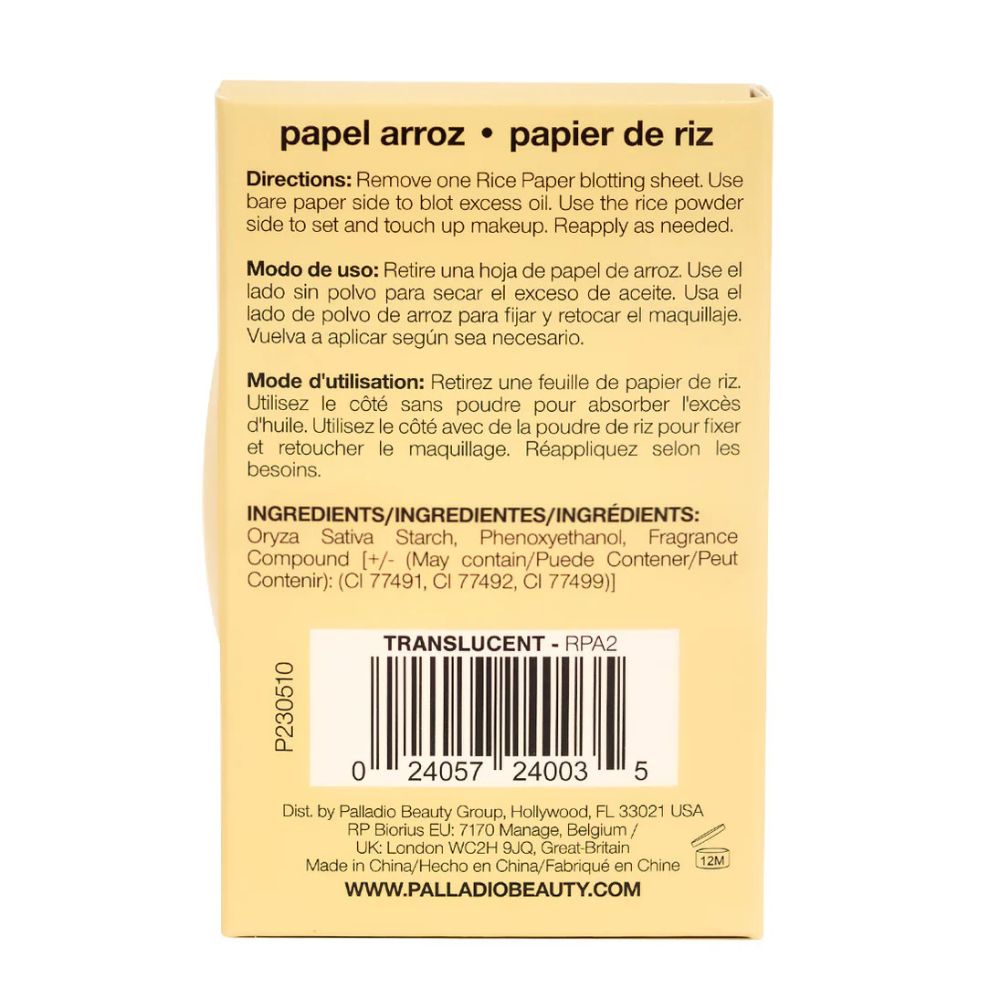Palladio Rice Paper Oil-Absorbing Blotting Tissues With Rice Powder Translucent 10gr 40 Hojas