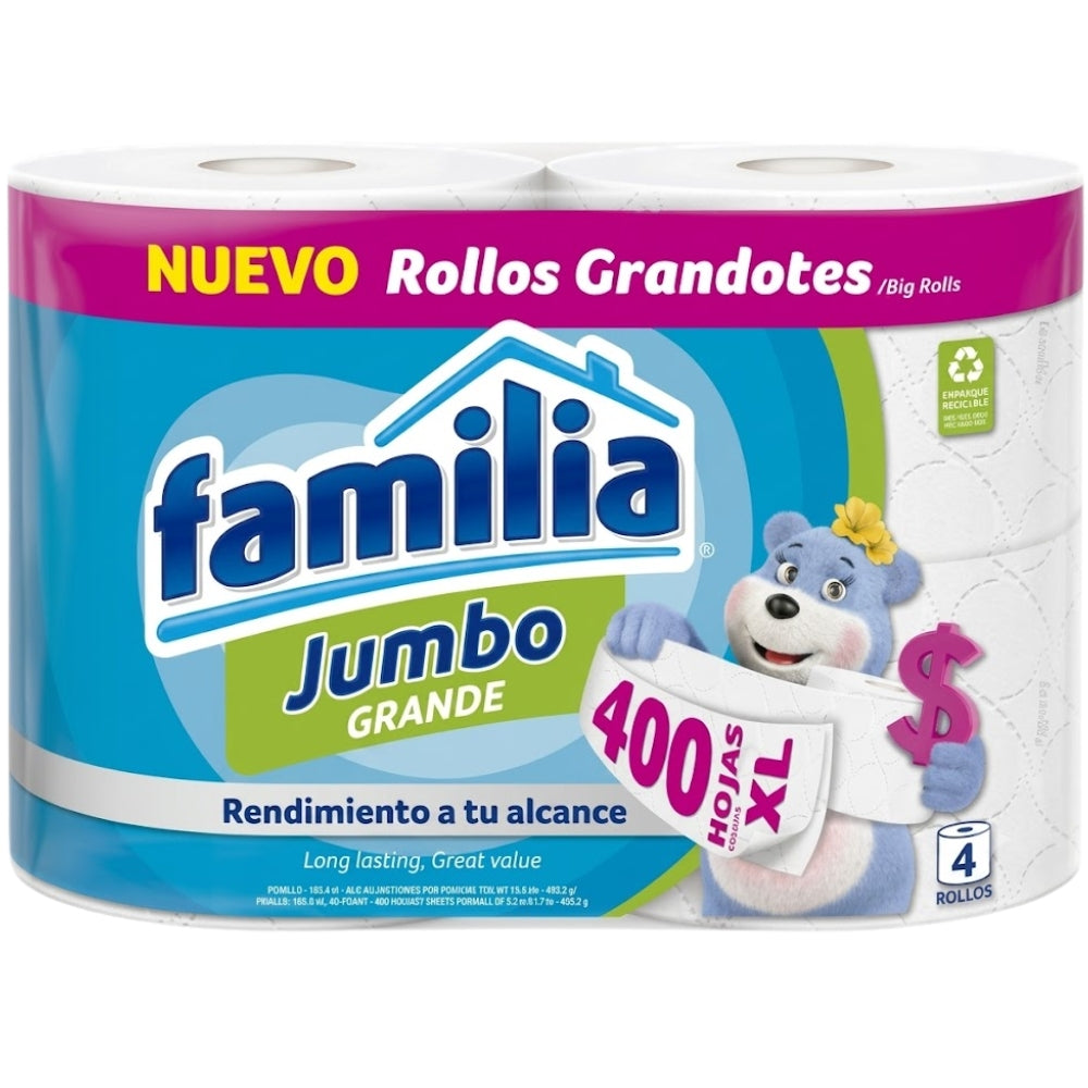 Papel Higienico Familia Jumbo Grande 400 Hojas XL Rollos Grandotes 4 Und