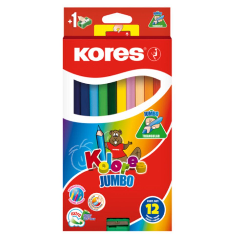 Kores Lapices De Colores Jumbo Triangulares 12 Und + 1 Sacapuntas