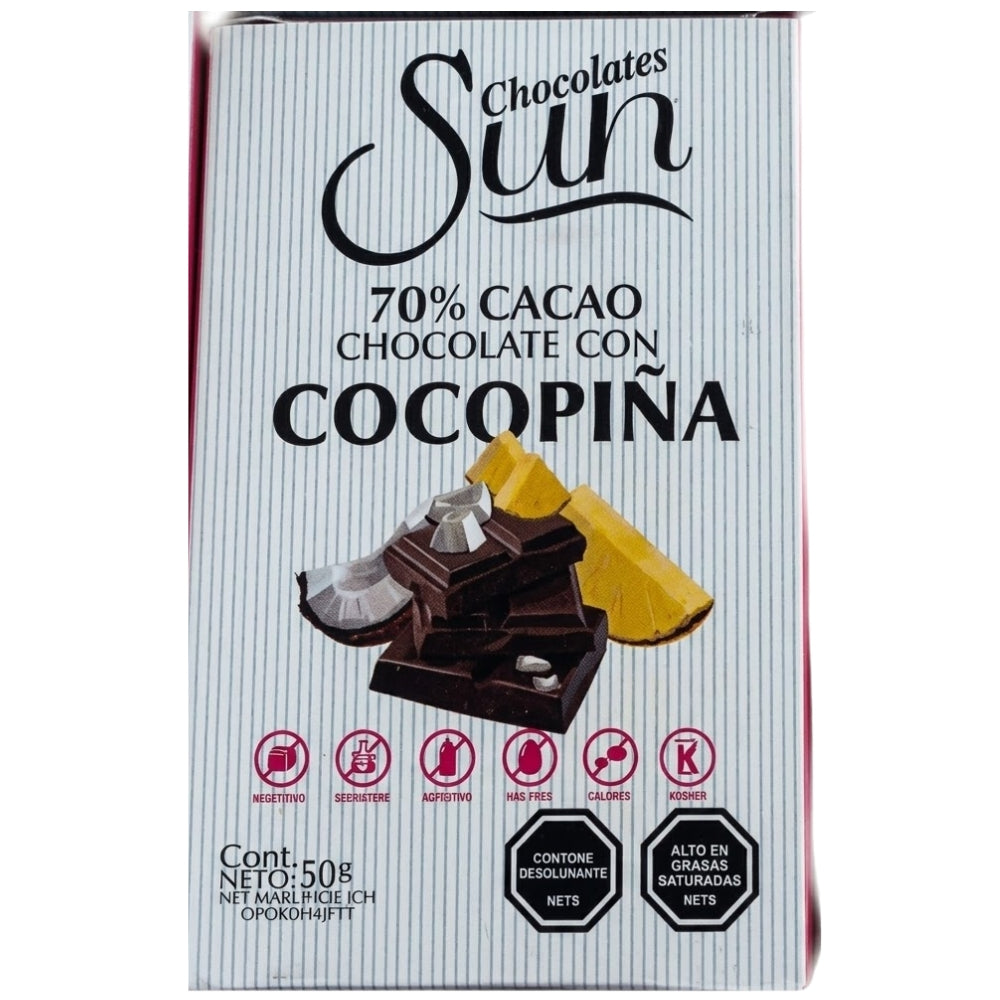 Chocolate Sun Chocolate Venezolano 70% Cacao Coco Piña Orgánico y Saludable 50gr