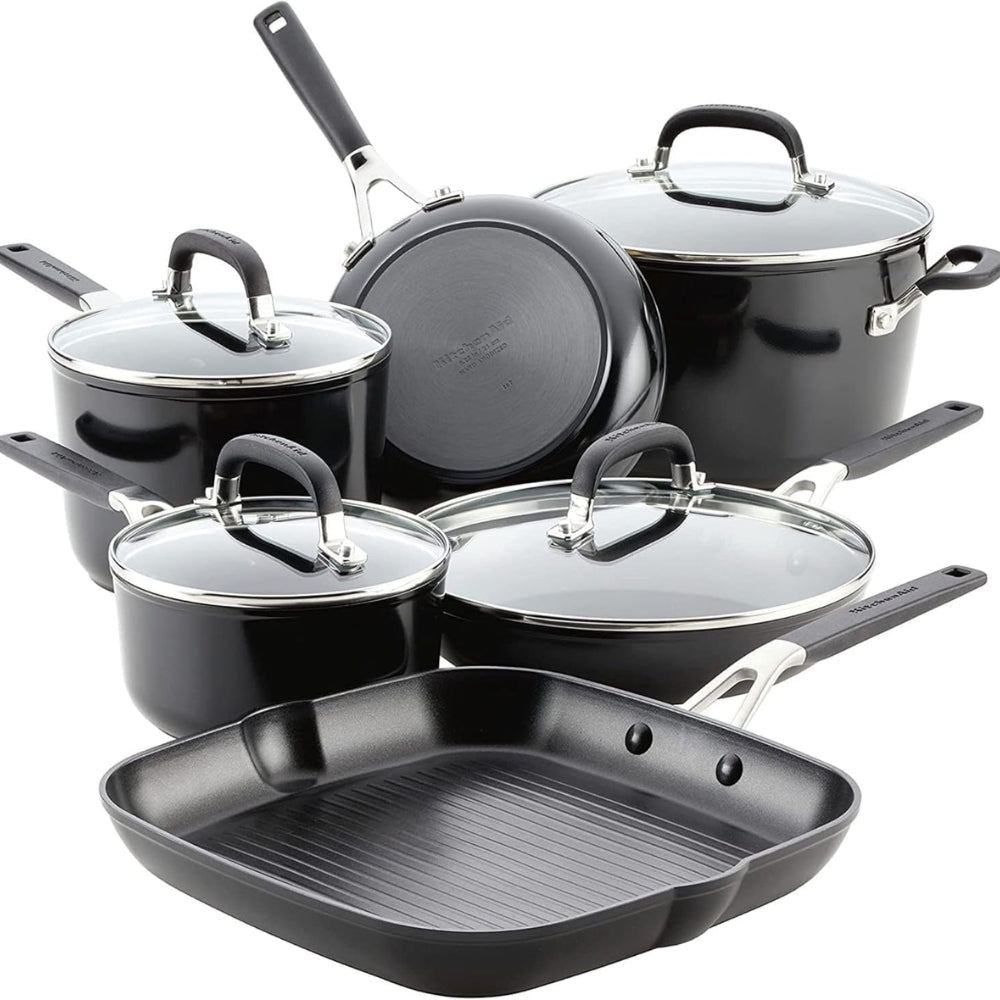 KitchenAid Set De Ollas Y Sartenes Antiadherentes Anodizadas Duras 10Pcs Color Negro