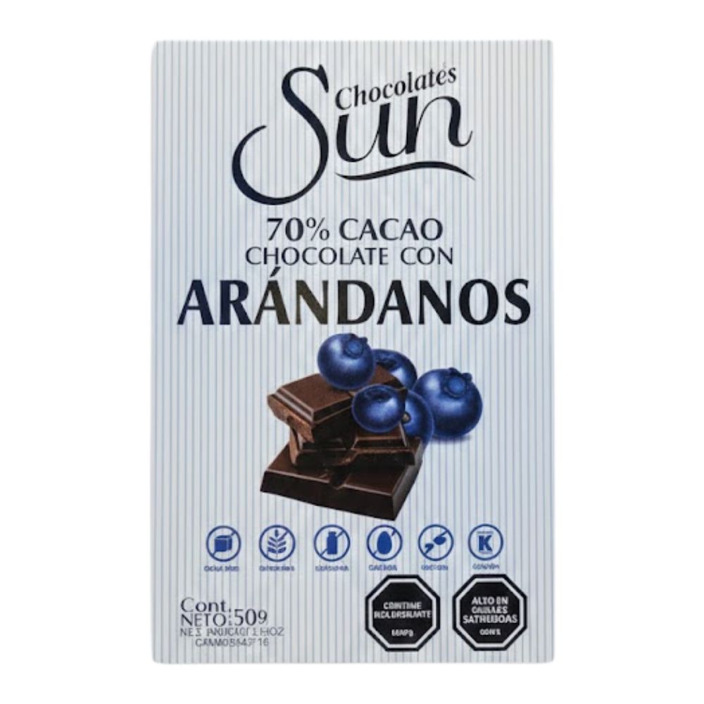 Chocolate Sun Chocolate Venezolano 65% Cacao Arandanos Orgánico y Saludable 50gr