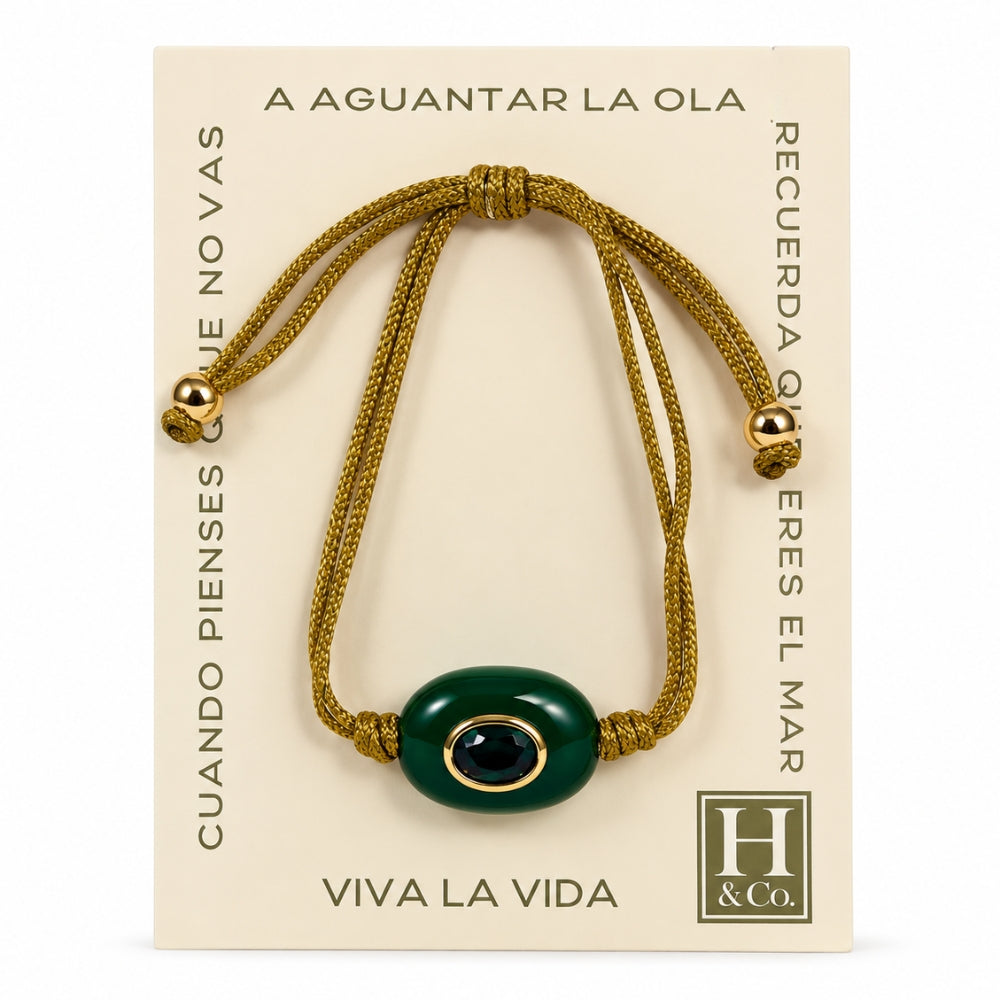 H&Co Pulsera Ajustable Para Damas Prisma Jade Verde y Dorado