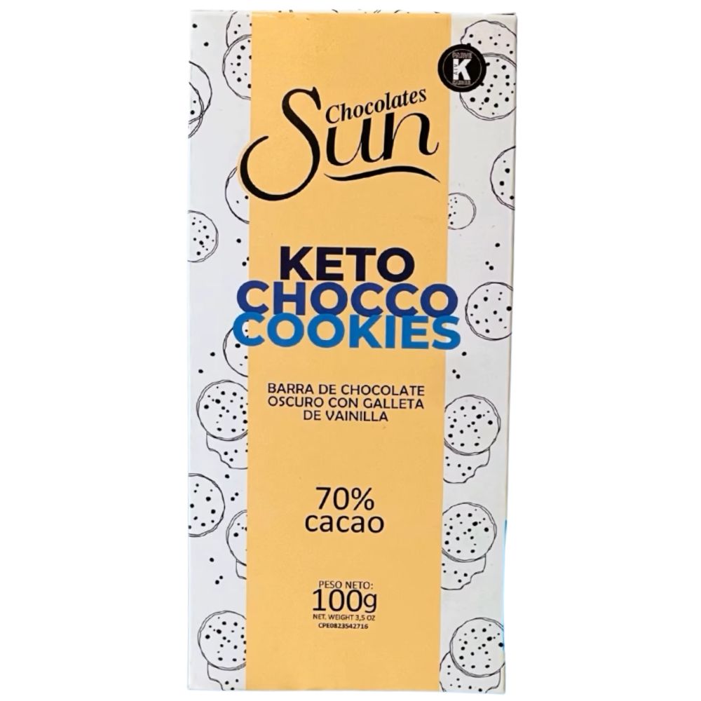 Chocolate Sun Keto Choco Cookies Barra de Chocolate Oscuro con Galleta de Vainilla 100gr