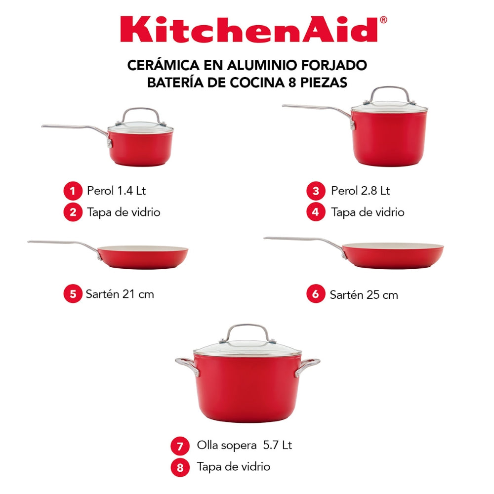 KitchenAid Set De Ollas Y Sartenes De Ceramica Antiadherentes 8Pcs Color Rojo