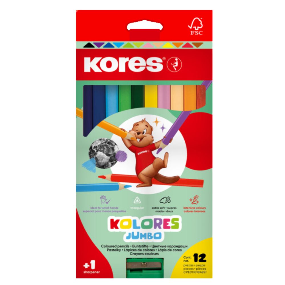Kores Lapices De Colores Jumbo Triangulares 12 Und + 1 Sacapuntas