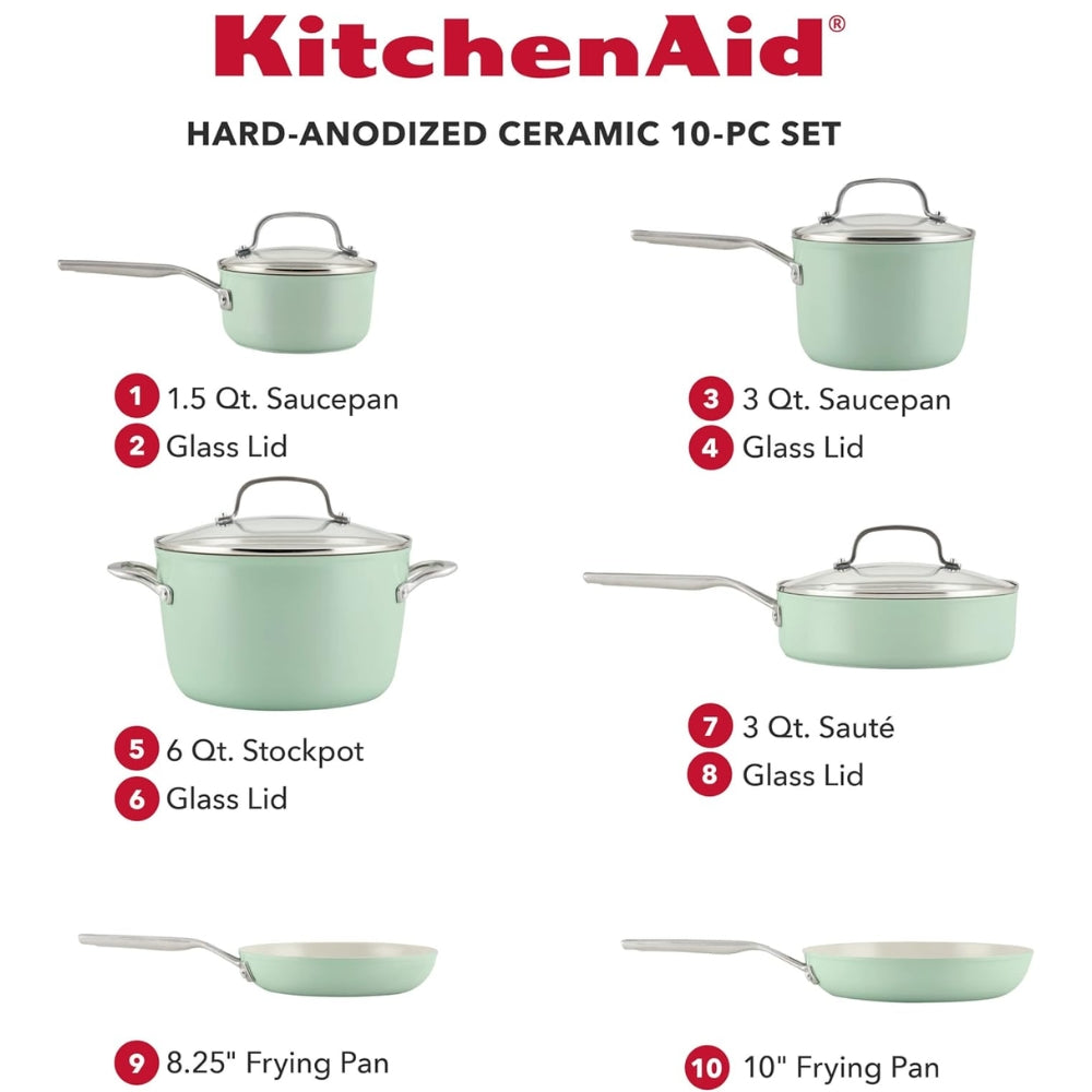 KitchenAid Set De Ollas Y Sartenes Antiadherentes Anodizadas Duras 10Pcs Color Pistacho