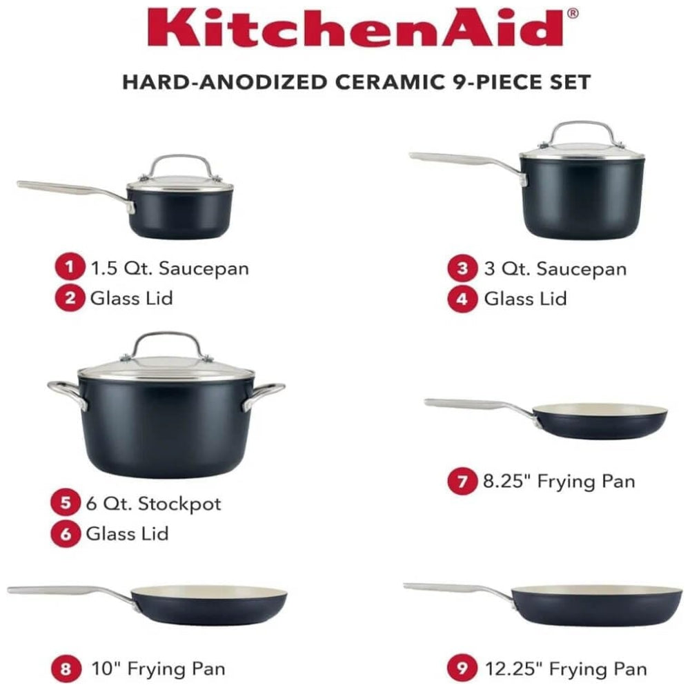KitchenAid Set De Ollas Y Sartenes Antiadherentes Anodizadas Duras 10Pcs Color Negro Mate