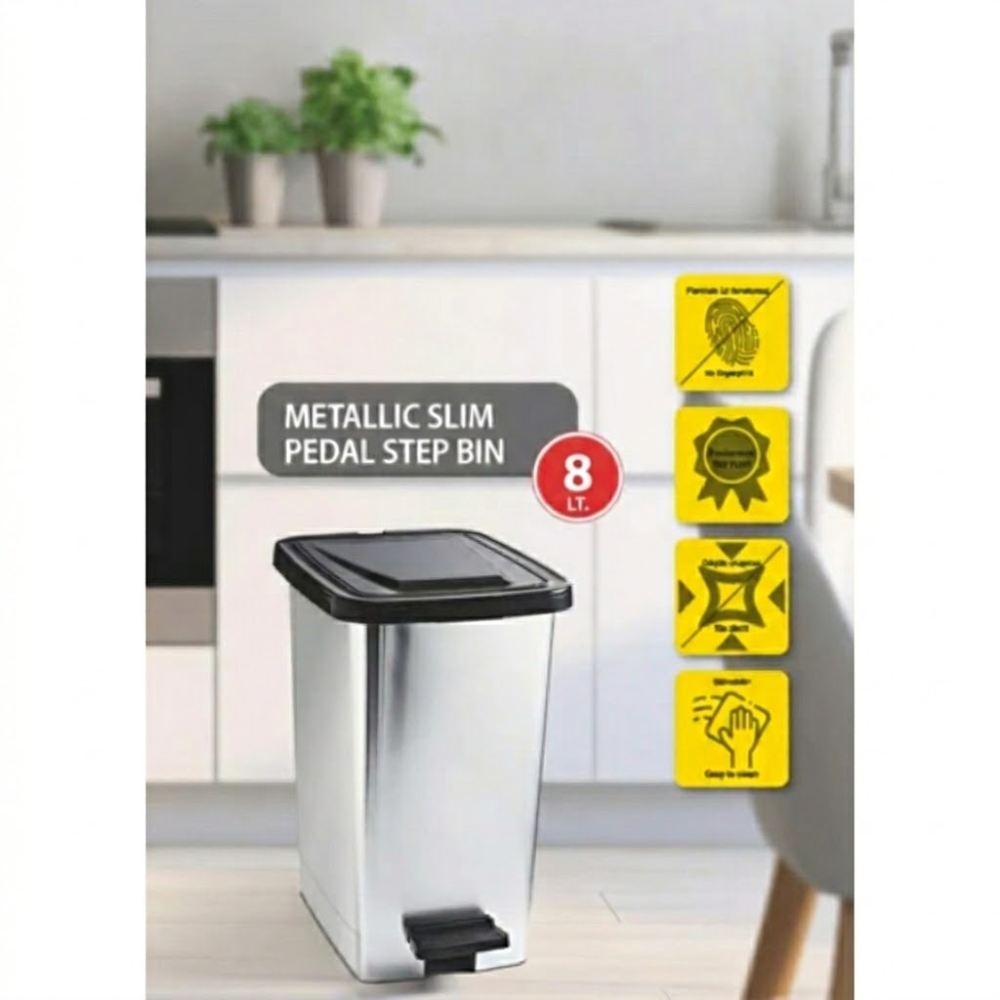 Alfa Hogar Papelera Pedal Bin Plástica Look Metal Slim 8Lt