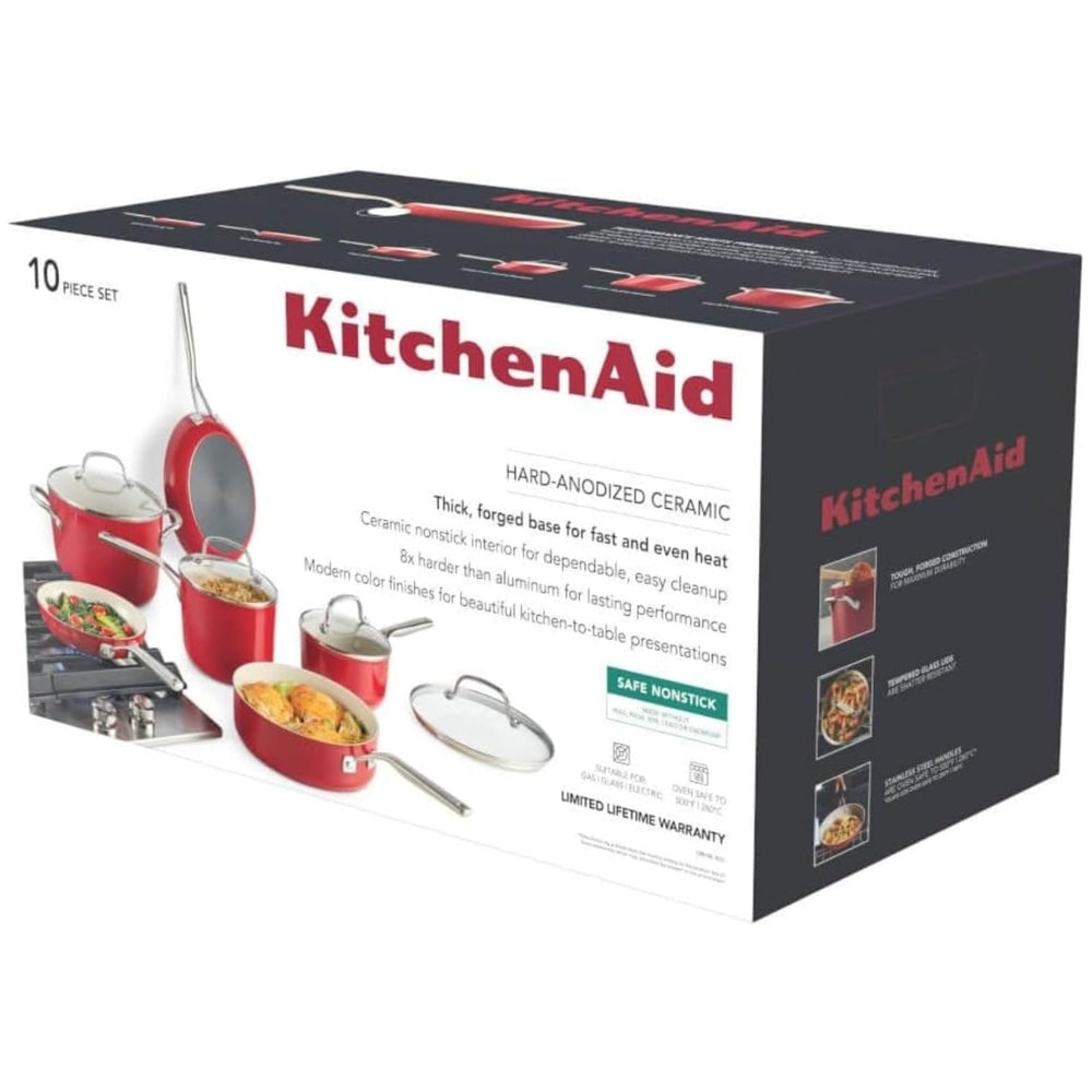 KitchenAid Set De Ollas Y Sartenes Antiadherentes Anodizadas Duras 10Pcs Color Rojo