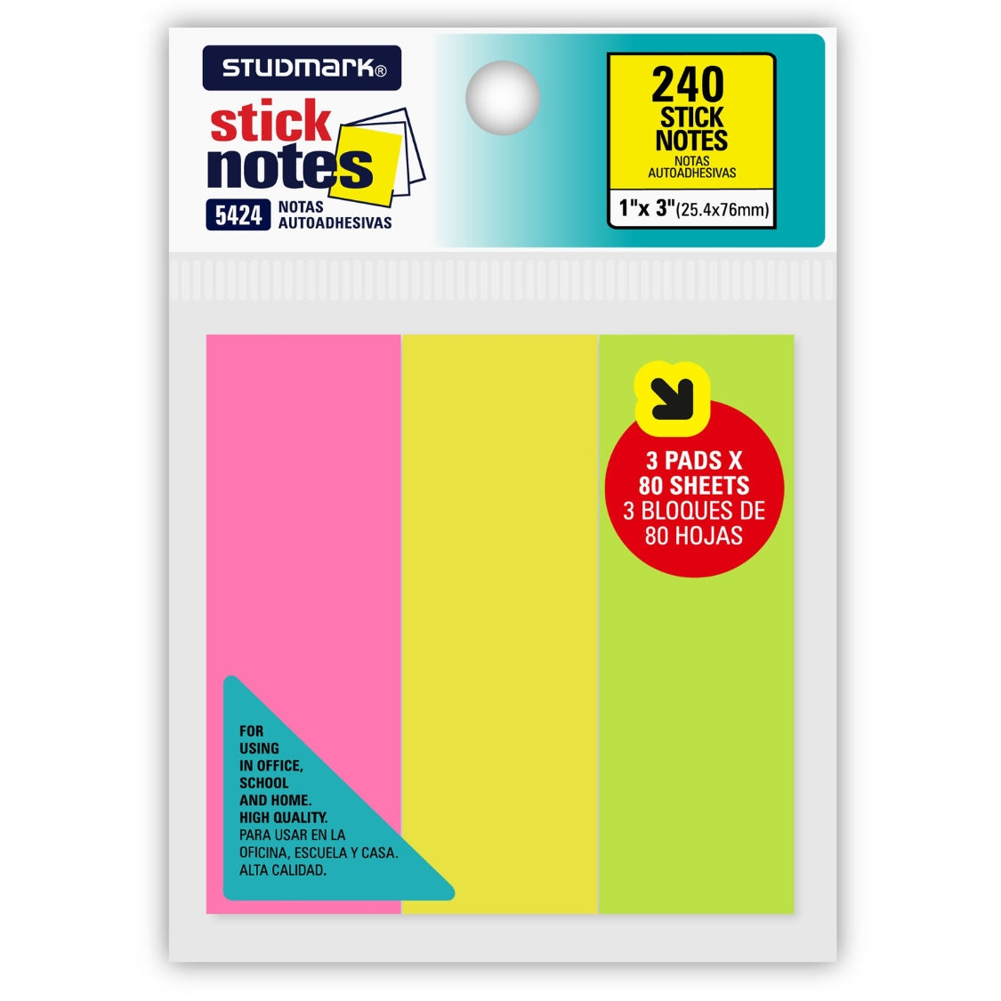 Studmark Notas Adhesivas Multicolor 2.54 x 7.5 cm 80 hojas x 3 Unds