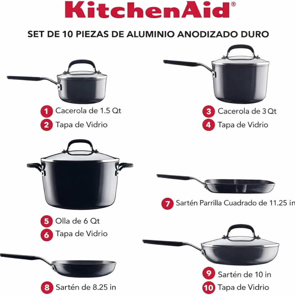 KitchenAid Set De Ollas Y Sartenes Antiadherentes Anodizadas Duras 10Pcs Color Negro