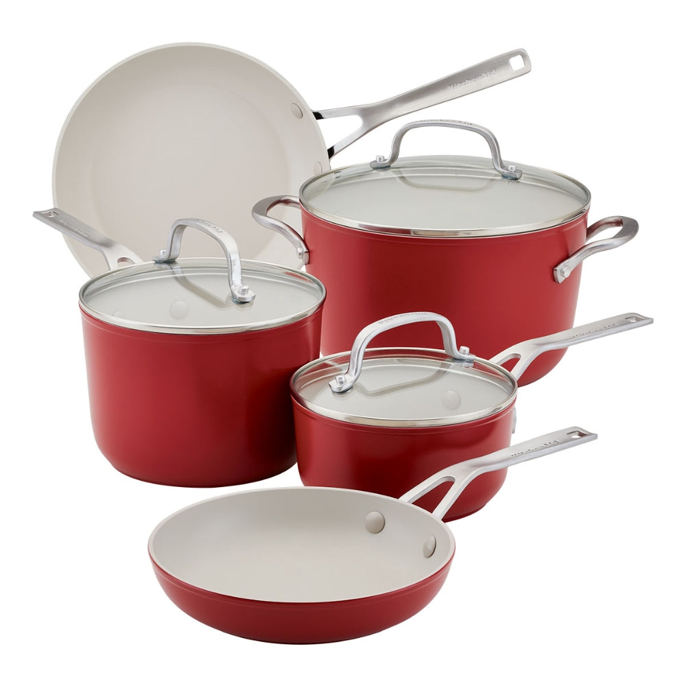 KitchenAid Set De Ollas Y Sartenes De Ceramica Antiadherentes 8Pcs Color Rojo