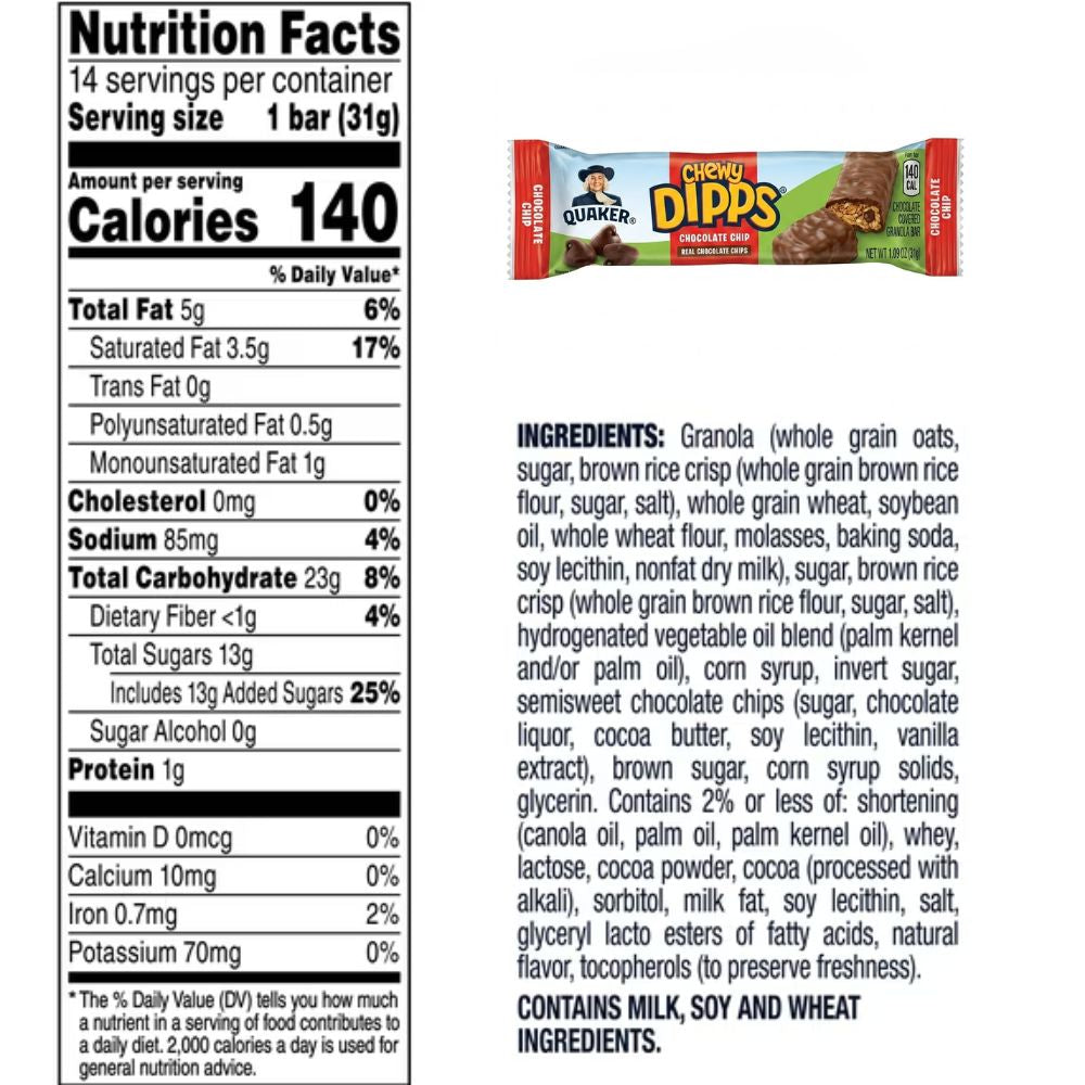 Quacker Barras de Granola Chewy Dipps Chocolate Chip 31g