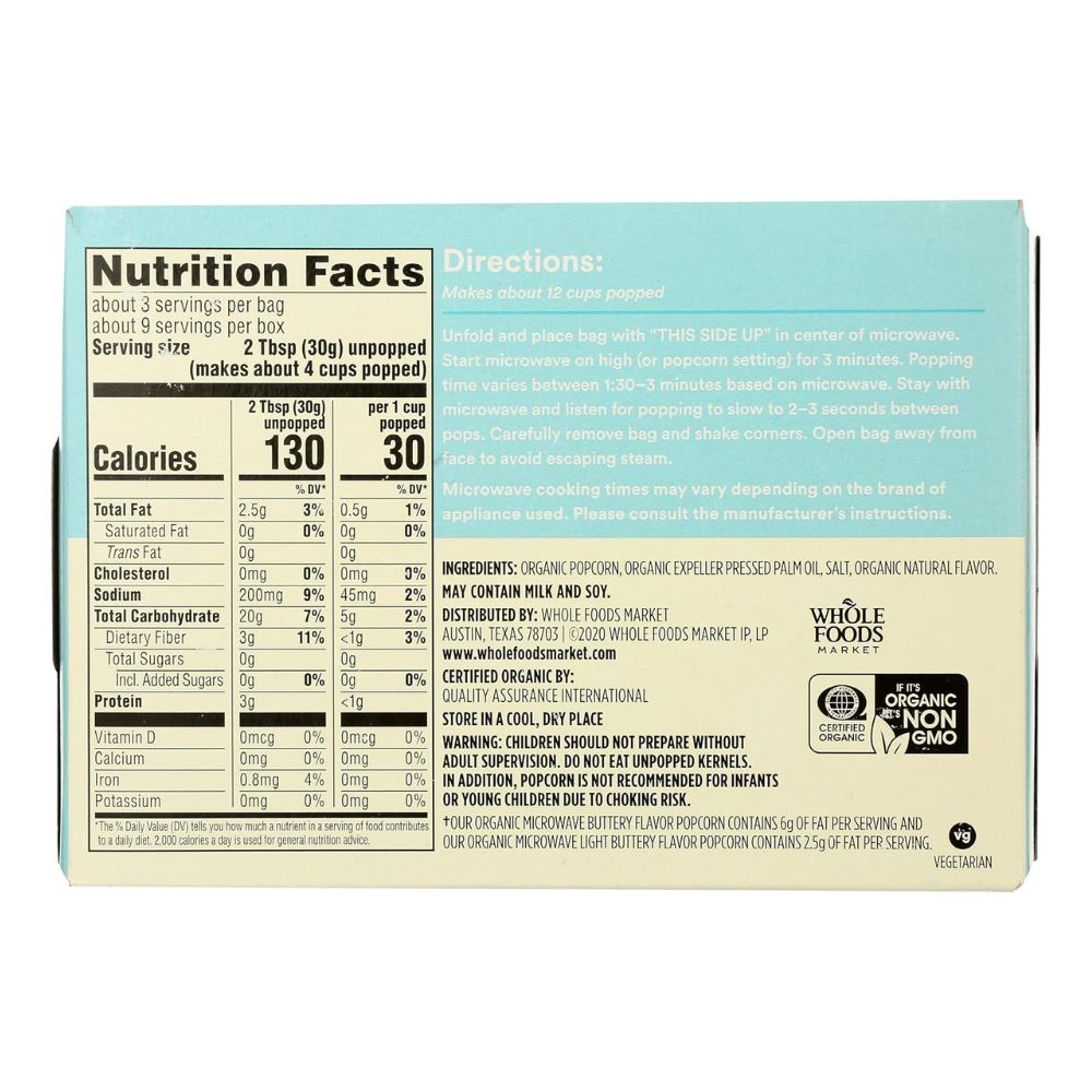 365 Whole Foods Market Organic Buttery Flavor Microve Popcorn 3 Und