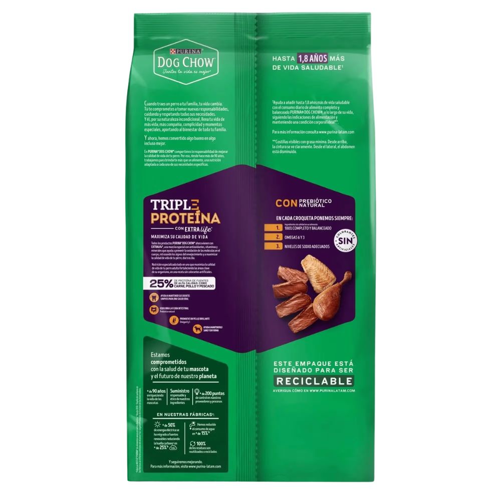 Dog Chow Adulto todos los tamaños, Triple Porteina sabor Carne, Pollo y Pescado 22.7 kgs