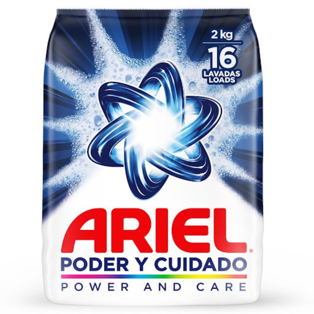 Ariel Detergente 2Kg Poder y Cuidado En Polvo Para Ropa Bio Espuma