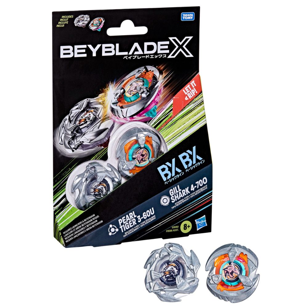 Beyblade X Pearl Tiger 3-60U+ Gill Shark 4-70O Juego Inicial con Lanzador y Top de Lucha Tipo Ataque