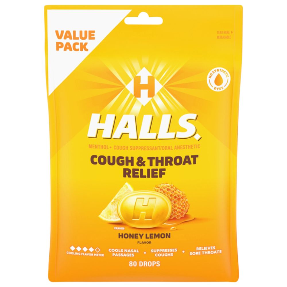 Halls Caramelos Menthol Cough Troat Relief Honey Lemon 80 drops