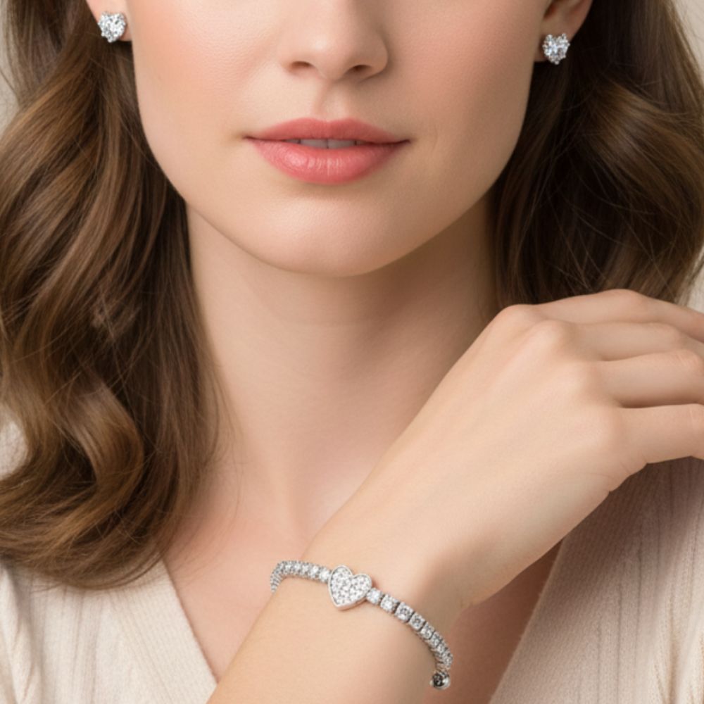 Danecraft Set De Pulsera Y Zarcillos Corazon Cubic Zirconia
