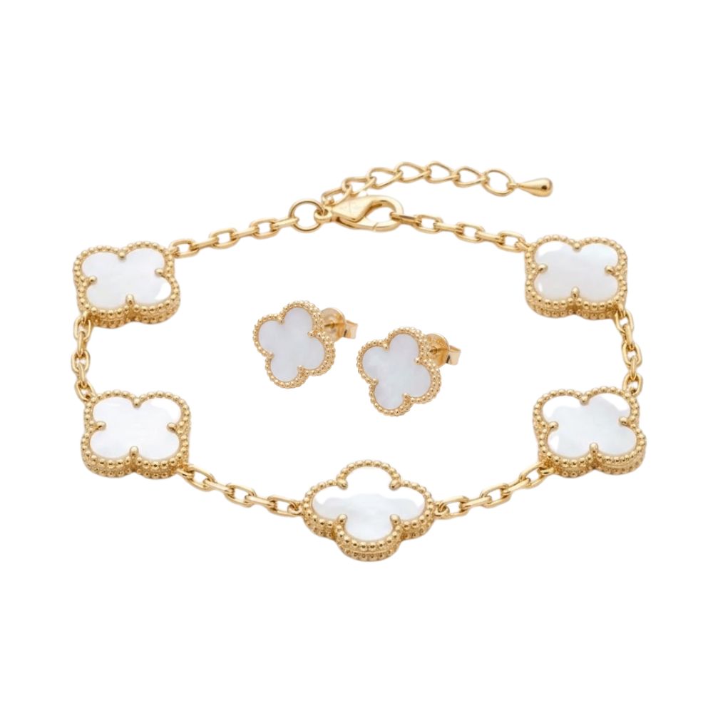 Element Of Love Set De Pulsera y Zarcillo Trebol White & Gold