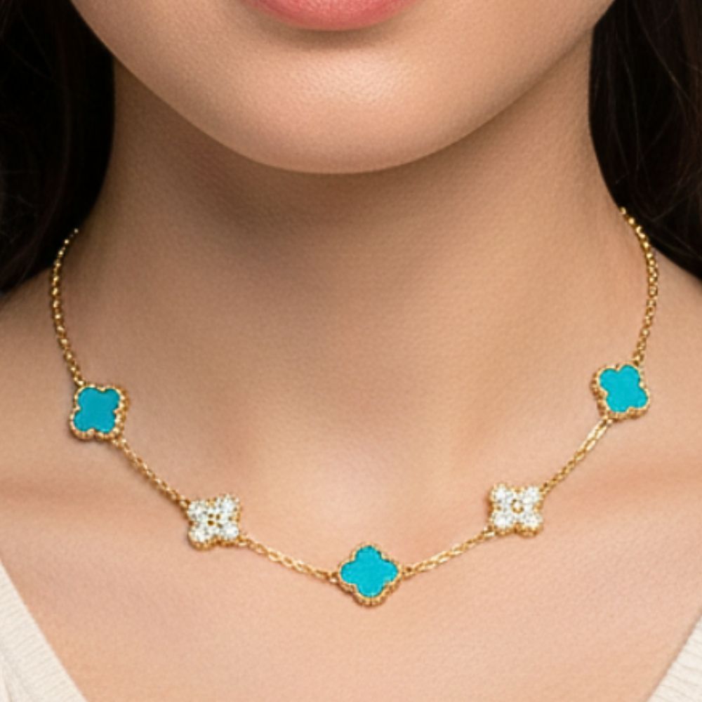 Element Of Love Collar Golden Trebol Turquesa & Zirconia