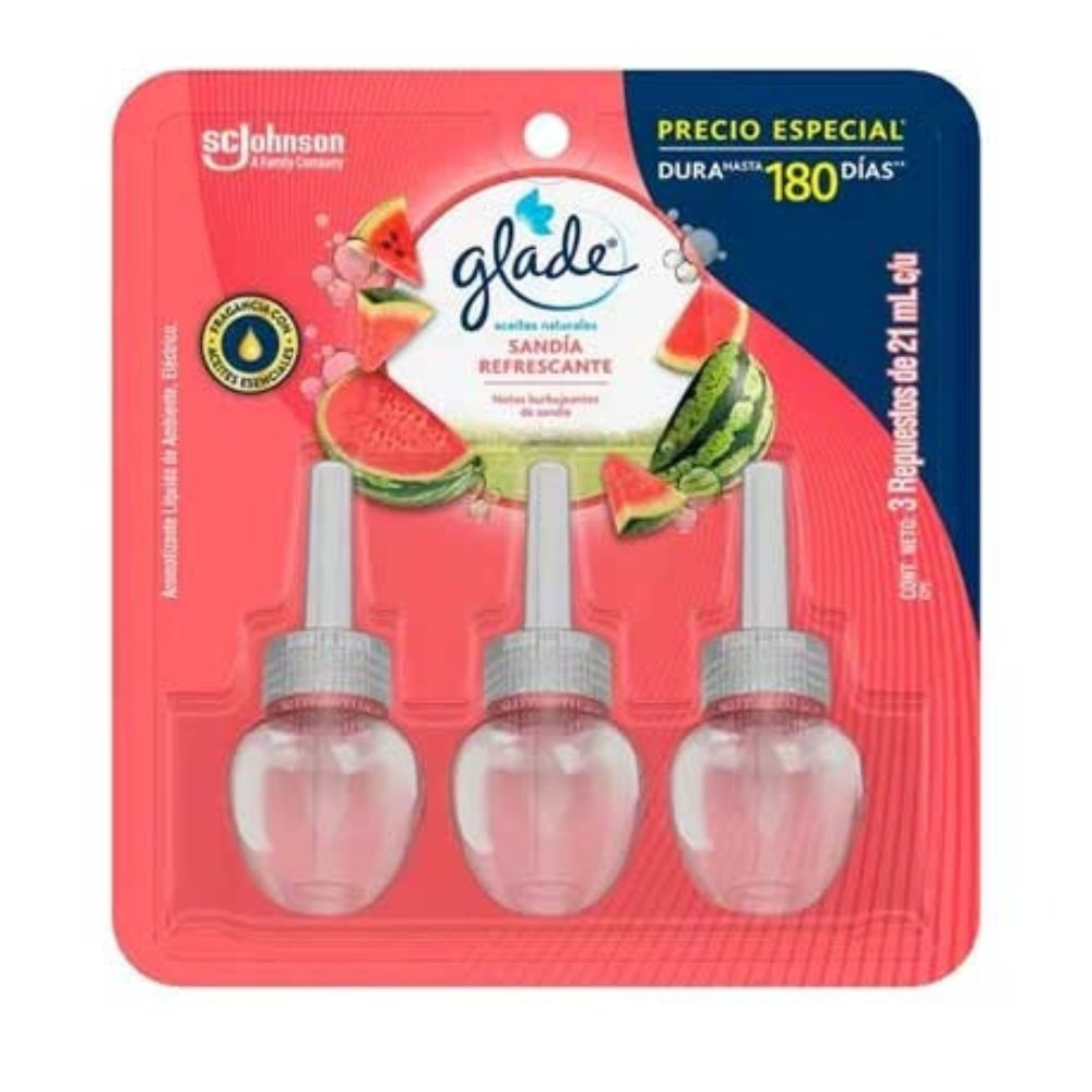 Glade Ambientador Liquido Sandía Refrescante Repuestos 3 Und x 21ml c/u