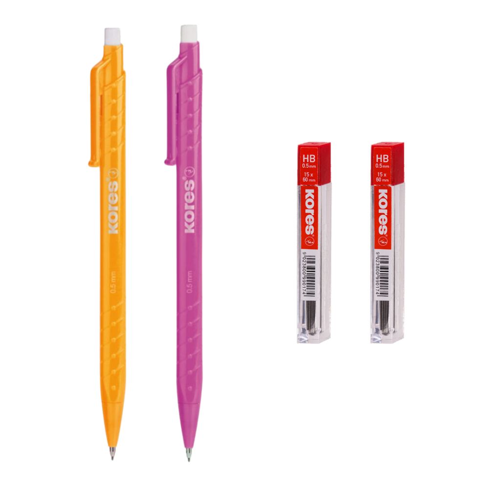 Kores Set de Portaminas 0.5mm + 2 Tubos de Minas Colores Surtidos 4 Und