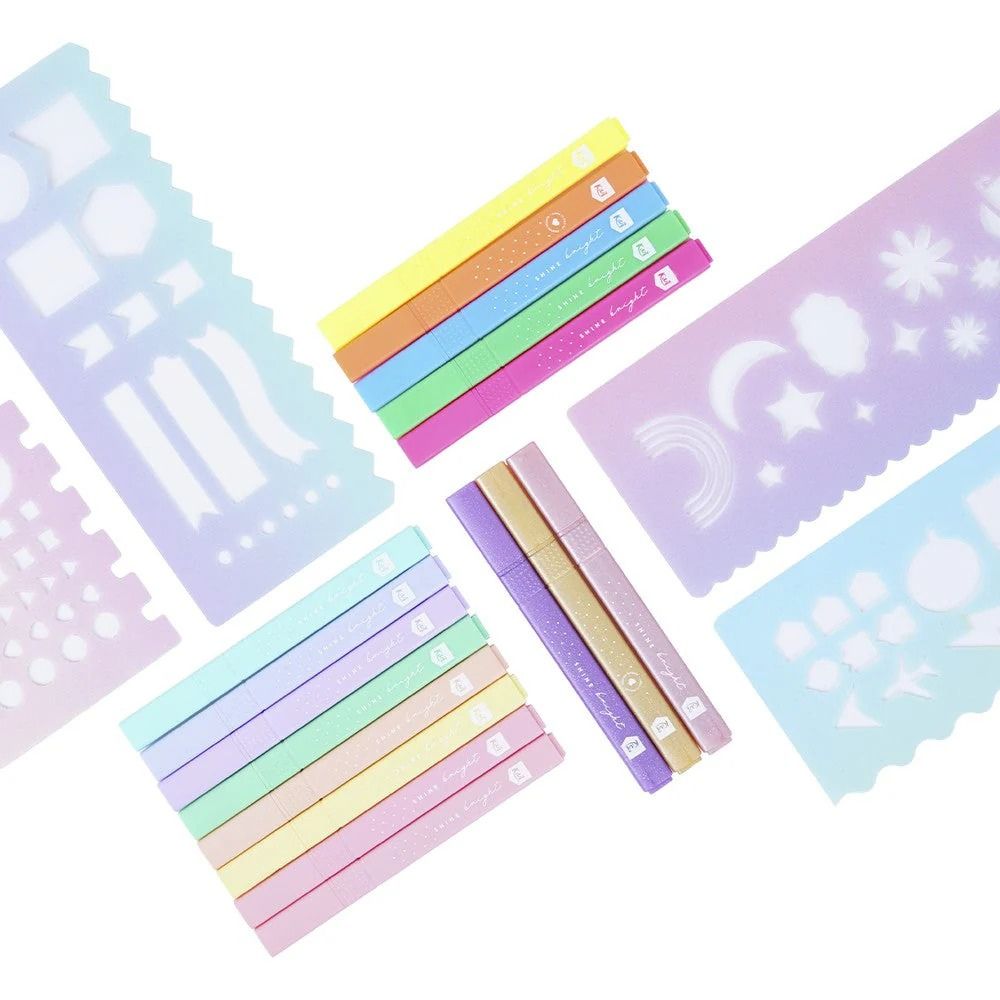 Kiut Kit De Resaltadores Pastel+Neón+Glit+Plantillas