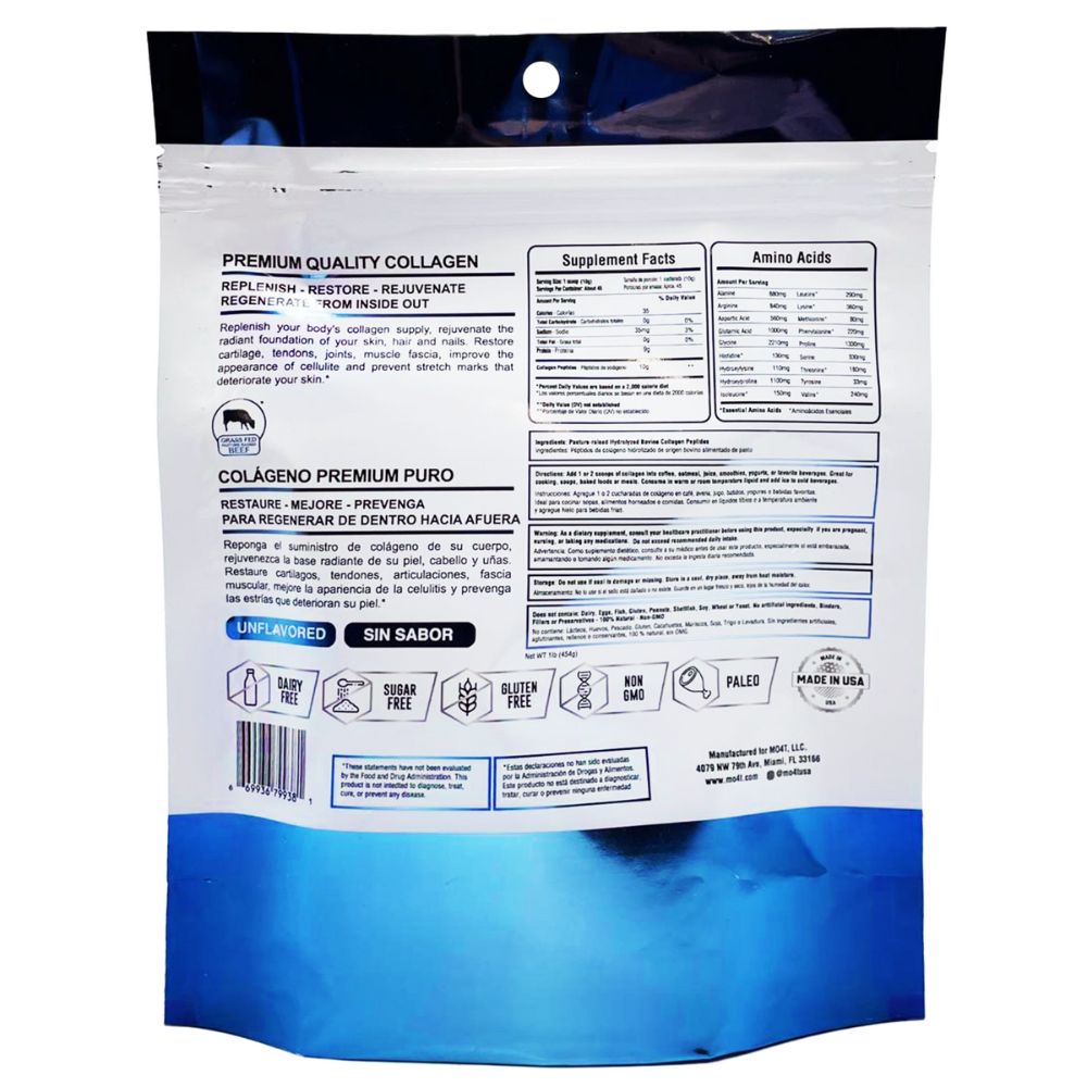 MO4T Péptidos De Colágeno Hidrolizado Formato Pouch 45 Servicios 454gr 1Lb