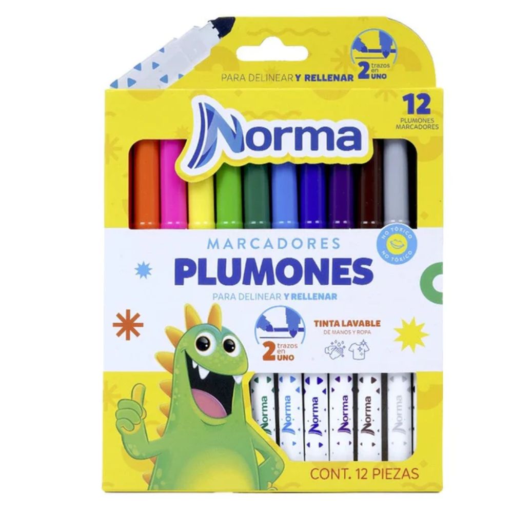 Norma Marcadores Lavables 2 Trazos en Uno 12 Und