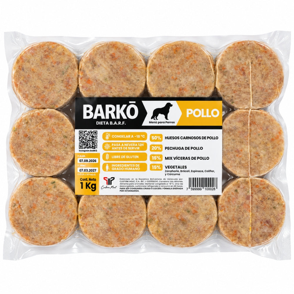 Barko Alimentacion Barf para Perros Sabor Pollo 12 Porciones de 85gr