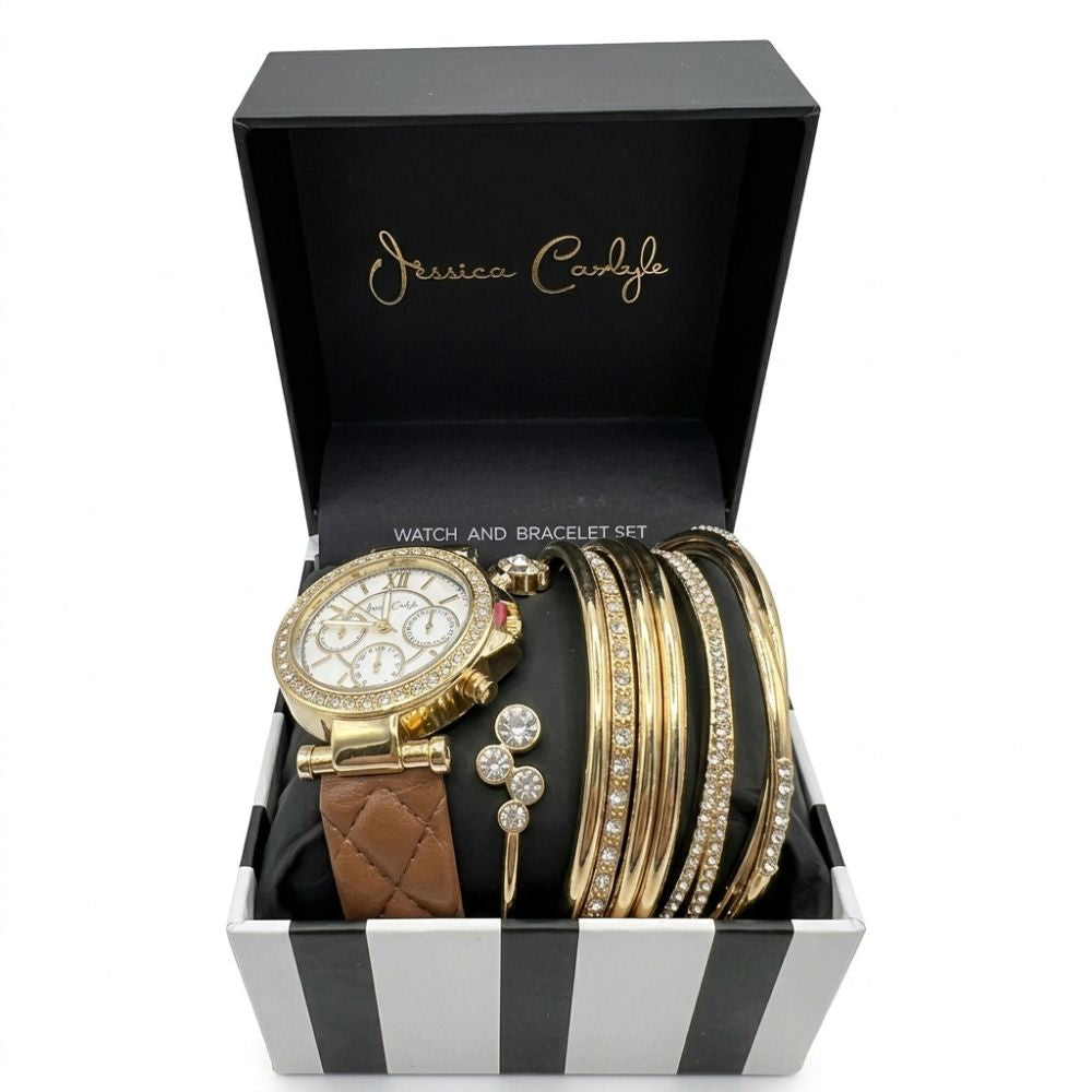 Jessica Carlyle Set De Reloj y Pulseras Gold Correa De Cuero Brown