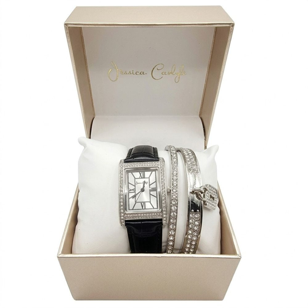 Jessica Carlyle Set De Reloj y Pulseras Silver Correa De Cuero Black