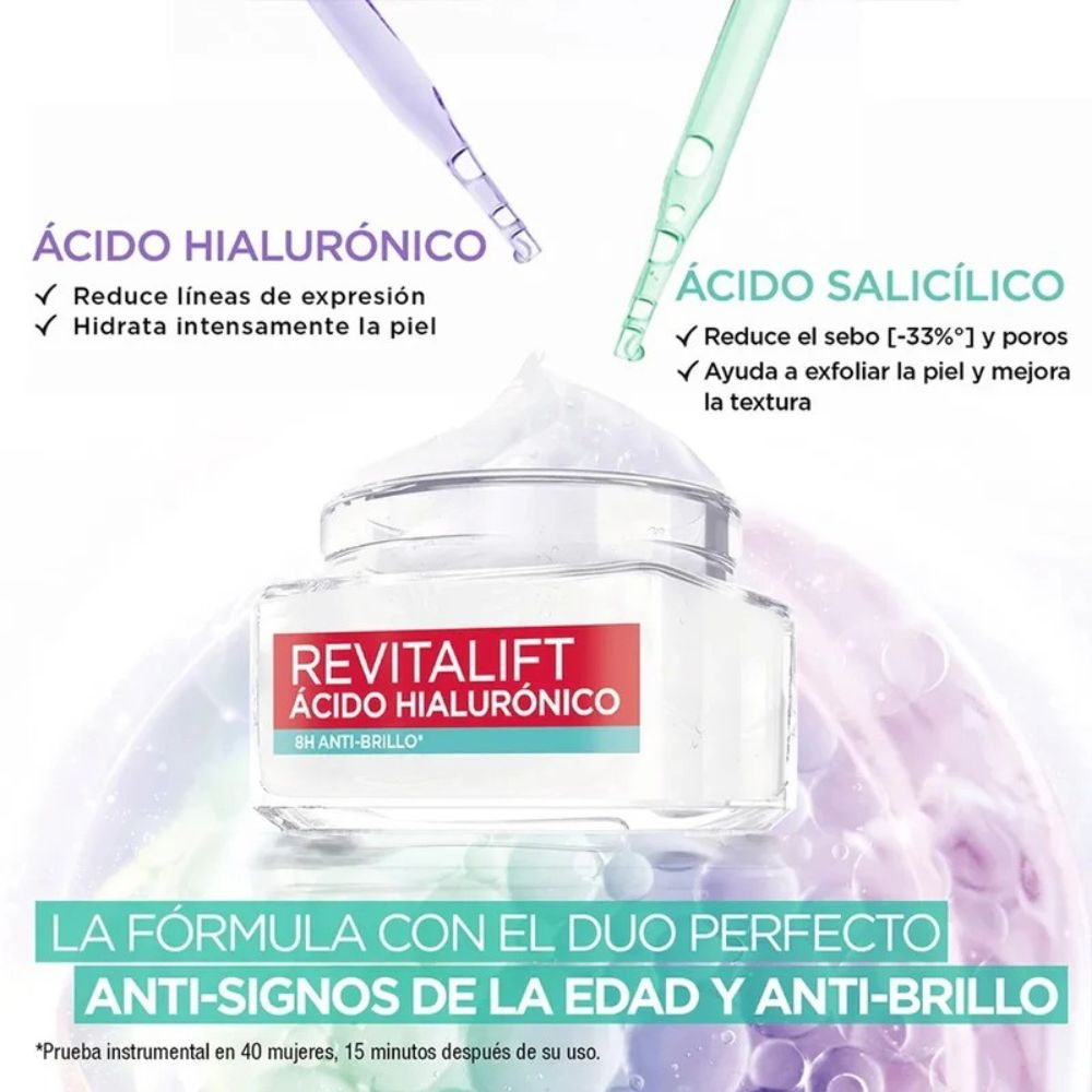 Revitalift Loreal Acido Hialuronico Gel Crema 8 horas Anti-brillo 50 ml