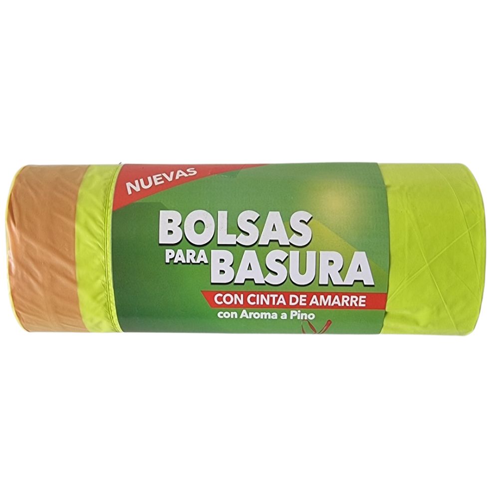 Rollo de 15 Bolsas para Basura con Cinta de Amarre de 30 Litros Color Verde Lima