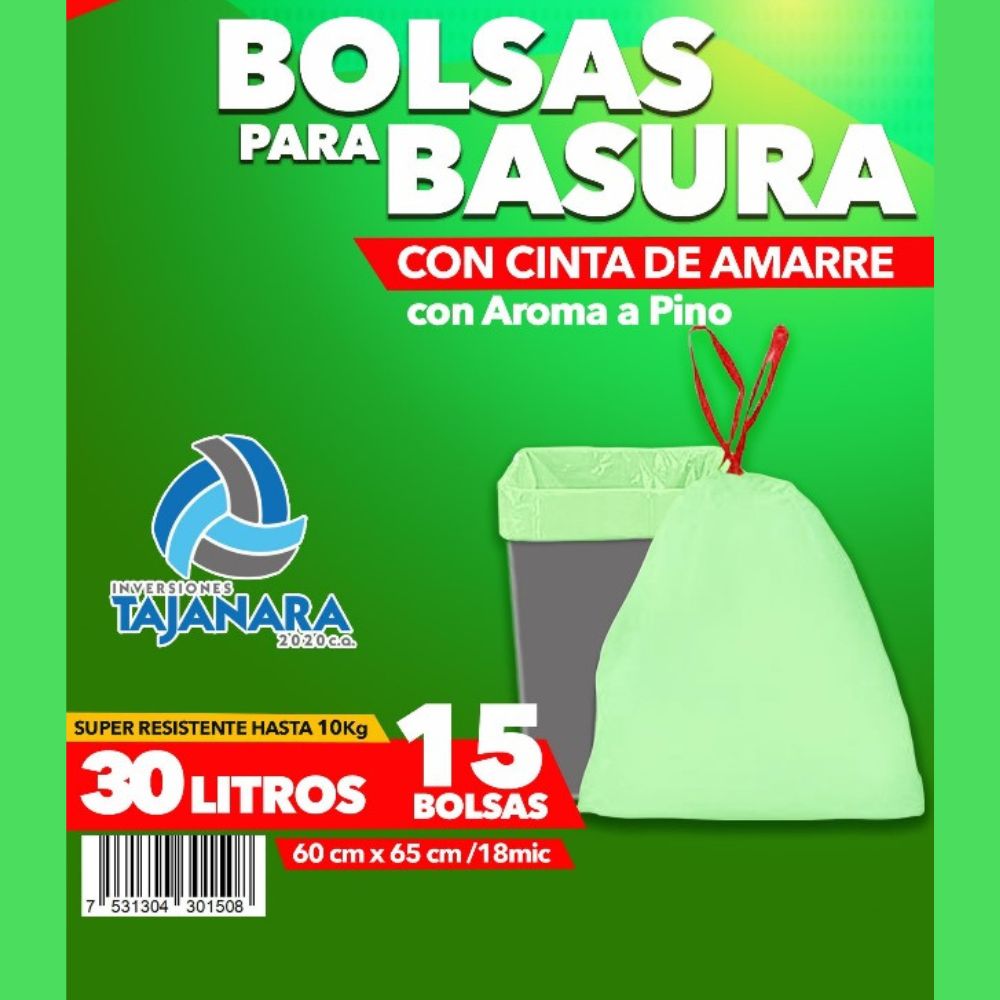 Rollo de 15 Bolsas para Basura con Cinta de Amarre de 30 Litros Color Verde Lima