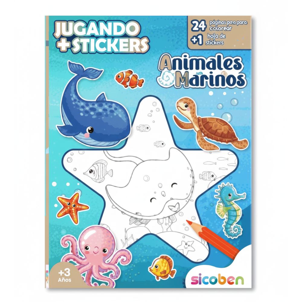 Libro para Colorear Jugando+Stickers "Animales Marinos" 3+