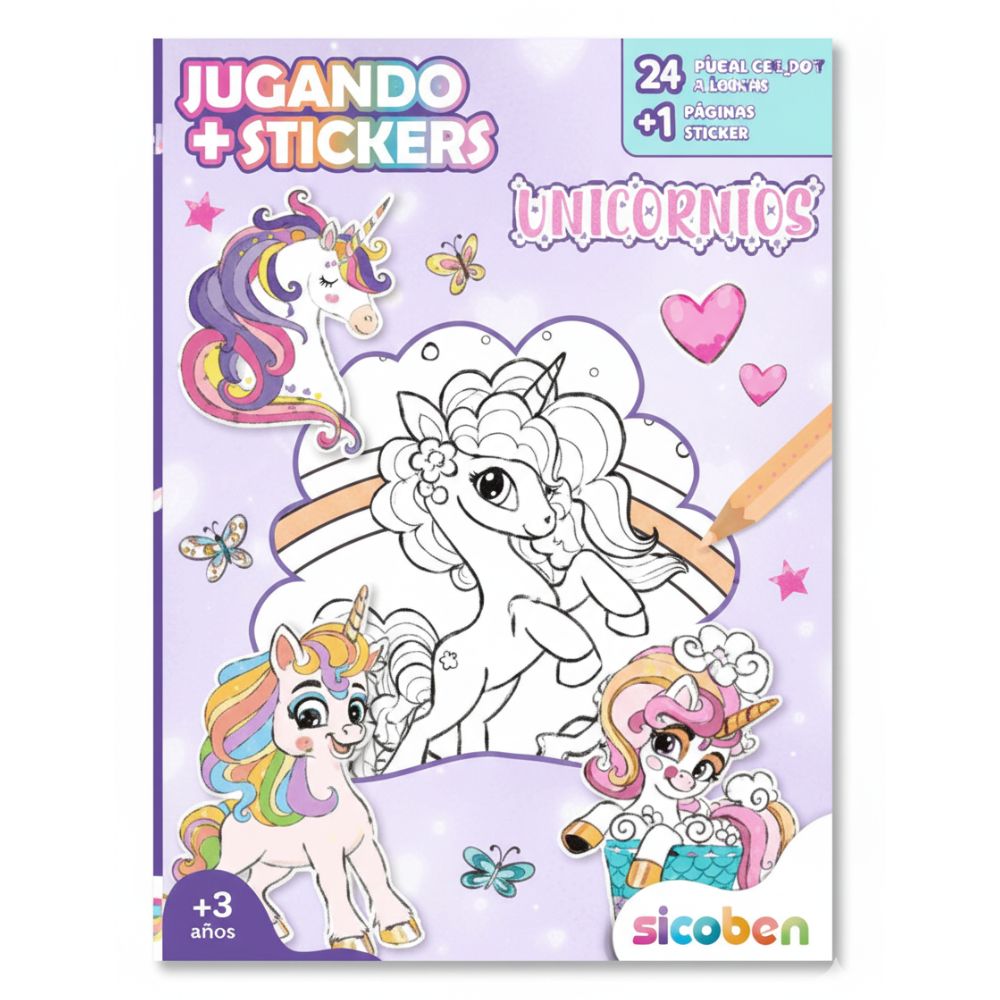 Libro para Colorear Jugando+Stickers De Unicornios 3+