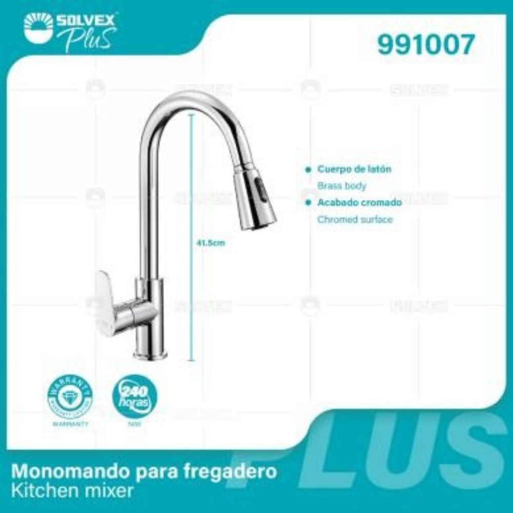 Solvex Grifería Cromada Monomando Cuello Cisne Con Cabezal De 3 Funciones Para Fregadero 41,5cm