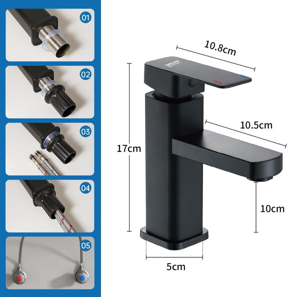Solvex Basic Grifería Negra Cuadrada Monomando De Acero Inoxidable Para Lavamanos Mango De Zinc 17cm