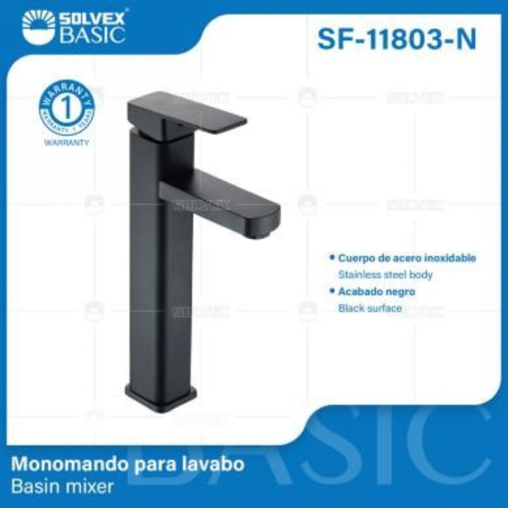 Solvex Basic Grifería Negra Cuadrada Monomando De Acero Inoxidable Para Lavamanos Mango De Zinc 29cm