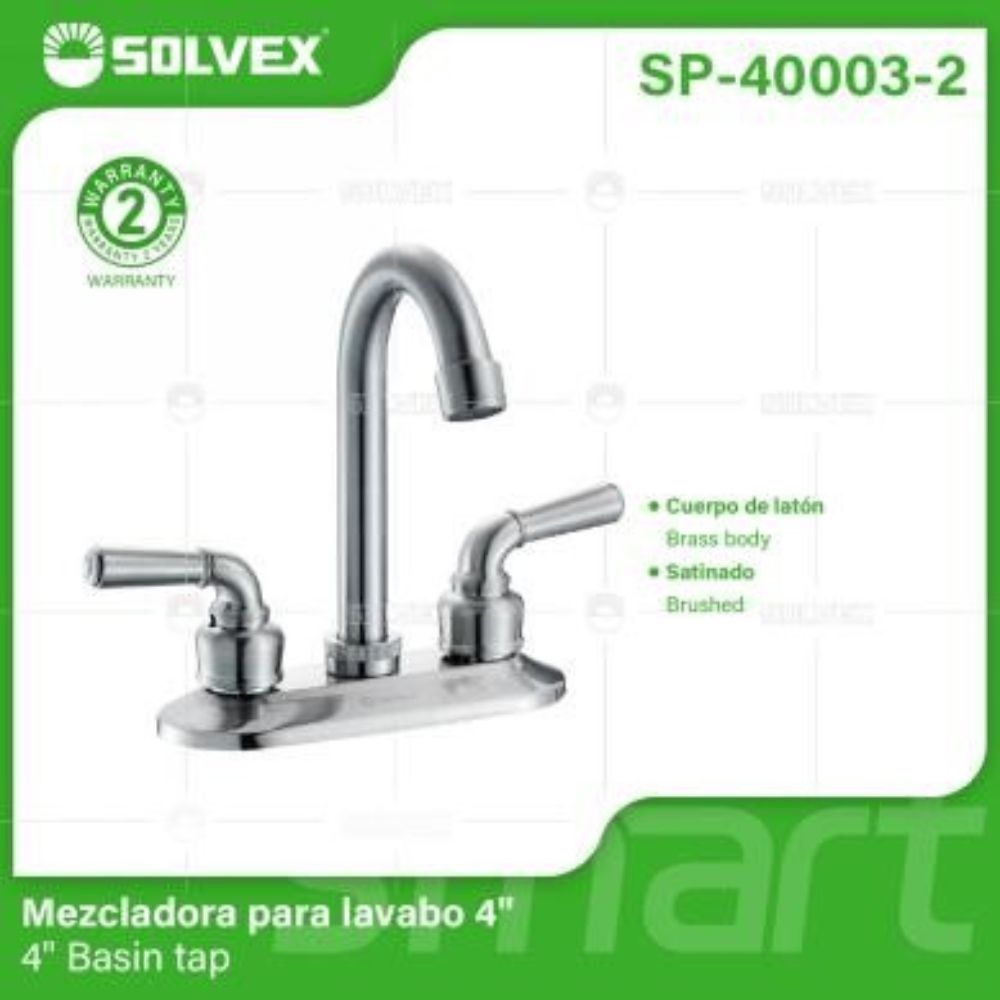 Solvex Smart Grifo Satinado Para Lavamanos Cuello Cisne De 4" Manillas Zinc De 1/4 De Vuelta