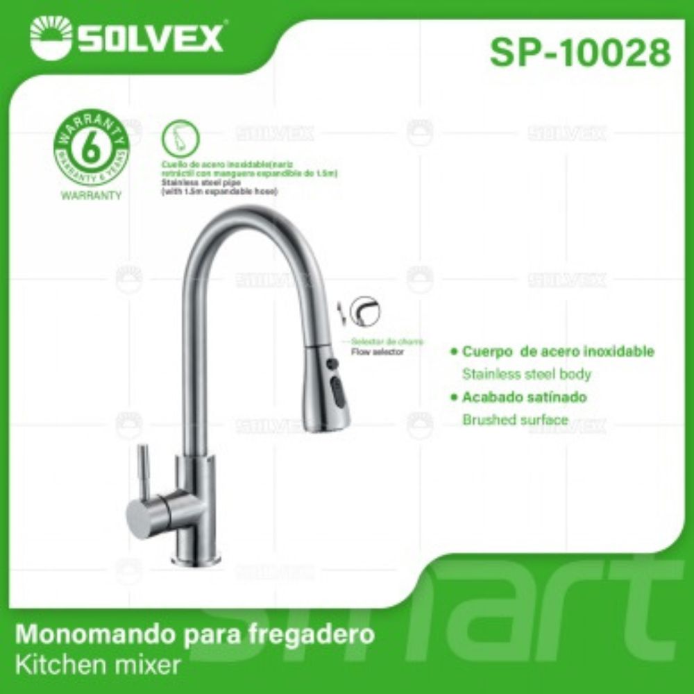 Solvex Smart Grifería Satinada Monomando Para Fregadero Cuello Cisne Nariz Retráctil 2 Funciones Con Manguera Extensible De 1,5m