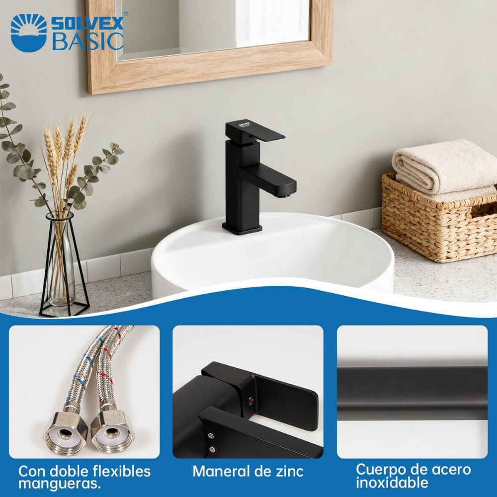 Solvex Basic Grifería Negra Cuadrada Monomando De Acero Inoxidable Para Lavamanos Mango De Zinc 17cm