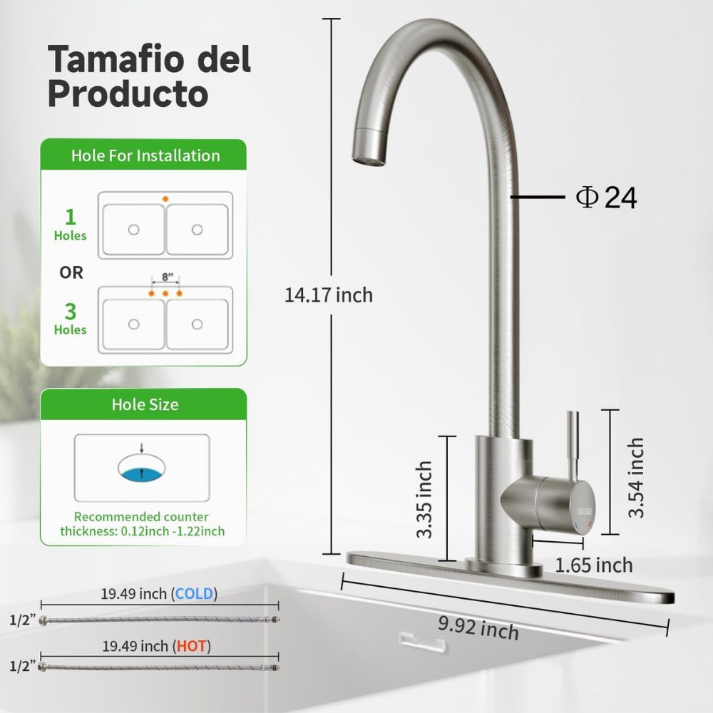 Solvex Smart Grifería Satinada Monomando Para Fregadero Cuello Cisne Con Flange Acero Inoxidable de 10" 39cm