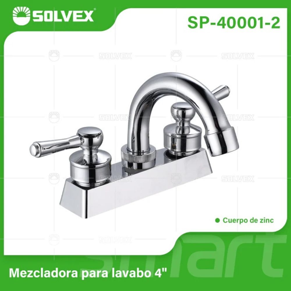 Solvex Smart Grifo Zinc Cromado Para Lavamanos De 4" Manillas Plásticas De Palanca 1/4 De Vuelta
