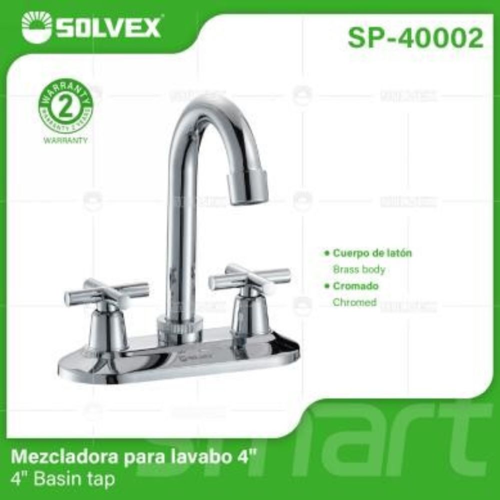 Solvex Smart Grifo Cromado Para Lavamanos Cuello Cisne De 4" Manillas Zinc De Giro Completo