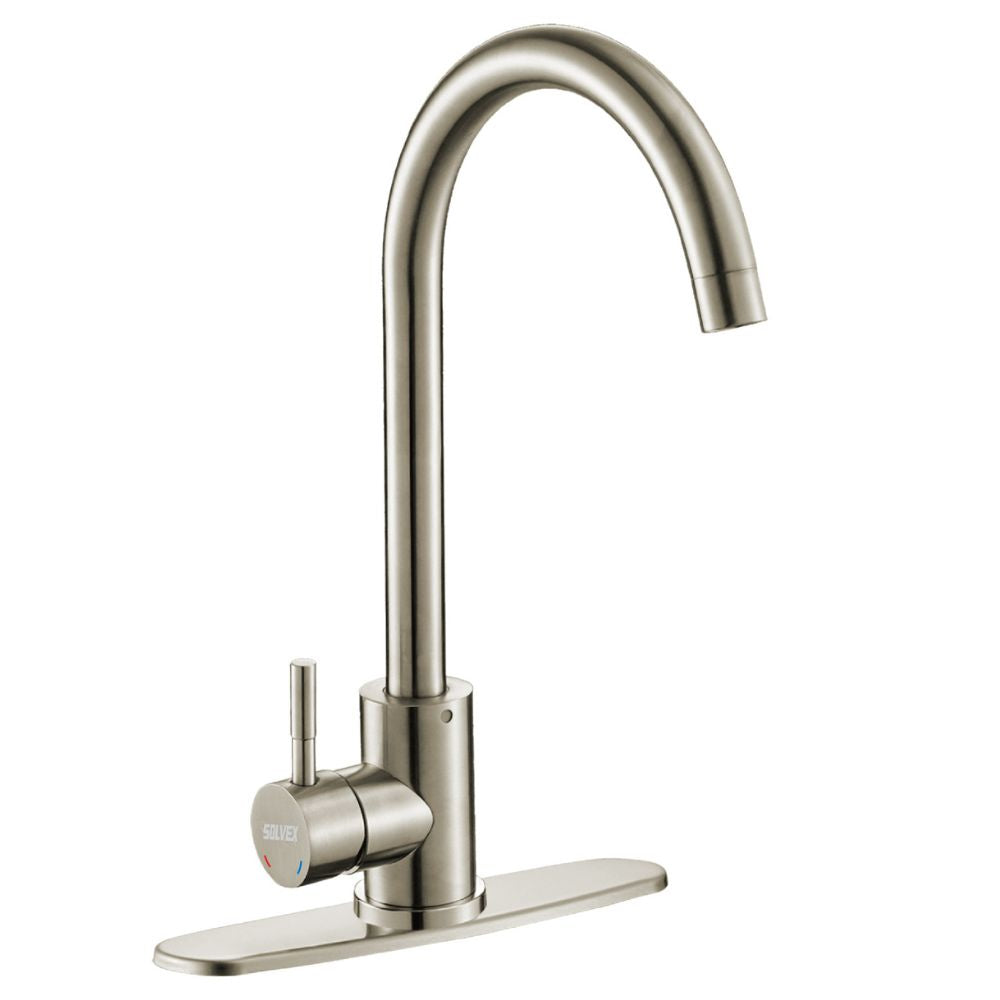 Solvex Smart Grifería Satinada Monomando Para Fregadero Cuello Cisne Con Flange Acero Inoxidable de 10" 39cm