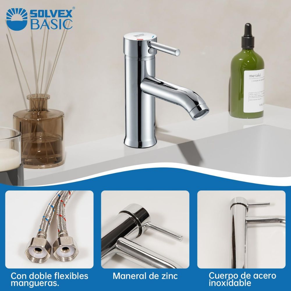 Solvex Basic Grifería Cromada Monomando De Acero Inoxidable Para Lavamanos Mango Tipo Palanca De Zinc 17cm